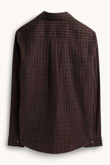 Heren - Corduroy overhemd - regular fit - kent - geruit - donkerbruin