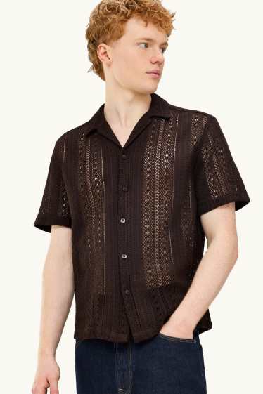 Hommes - Chemise en maille - relaxed fit - col à revers - à rayures - marron foncé