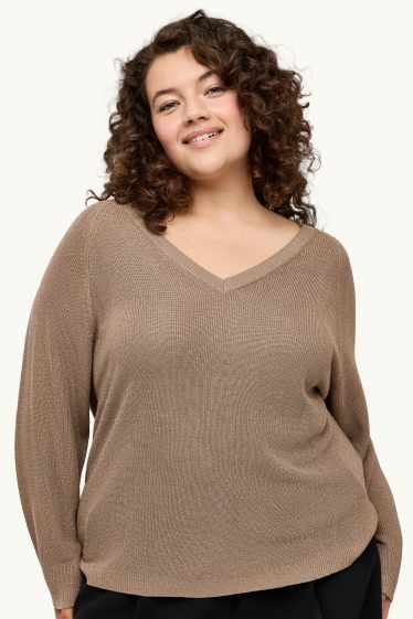Damen - Pullover mit V-Ausschnitt - Glanz-Effekt - hellbraun