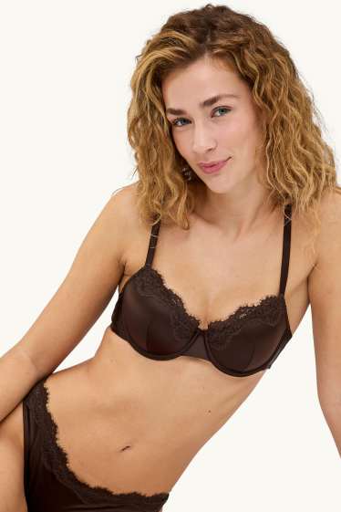 Femei - Sutien din satin cu armătură - DEMI - vătuit - maro închis