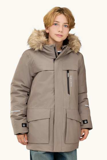 Kinderen: jongens - Parka met rand van imitatiebont - gevoerd - waterdicht - taupe