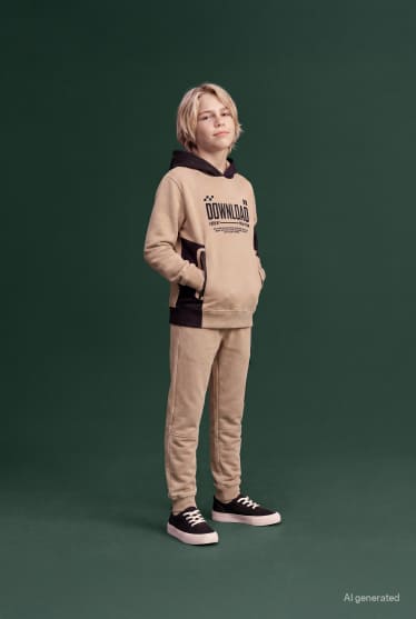 Bambini - Set - felpa con cappuccio e pantaloni sportivi cargo - 2 pezzi - beige