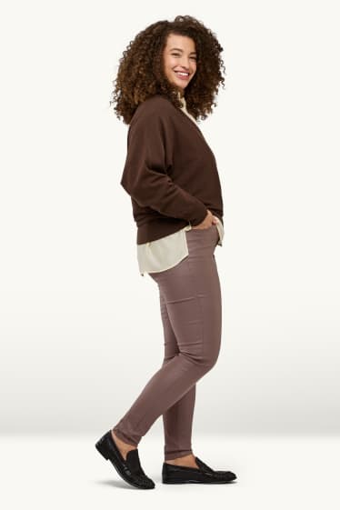 Dámské - Plátěné kalhoty - mid waist - skinny fit - imitace kůže - taupe