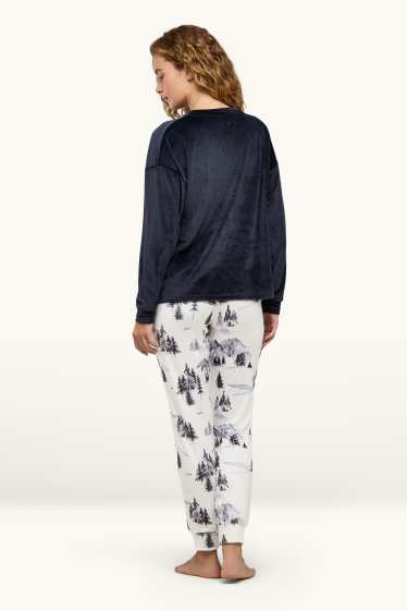 Femmes - Pyjama d’hiver - effet brillant - bleu foncé / blanc crème