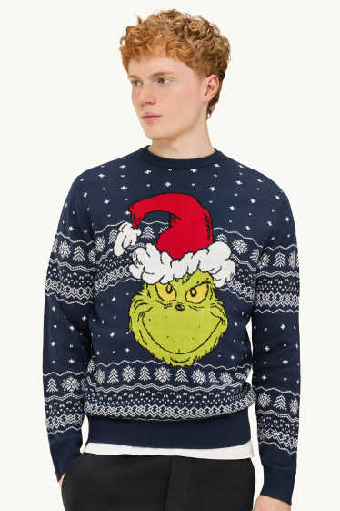 Bărbați - Pulover cu motive de Crăciun - Grinch - albastru închis / alb