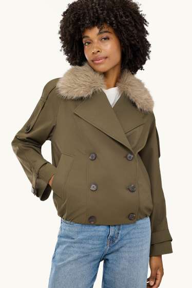 Damen - Crop Trenchcoat mit Kunstfellbesatz - wasserabweisend - khaki