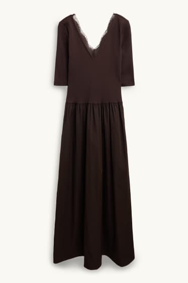 Femei - Rochie fit & flare cu decolteu în V - reiată - maro închis