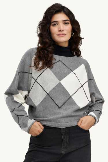 Damen - Pullover - kariert - grau