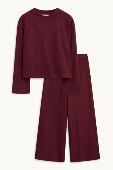 Kinderen: meisjes - Set - longsleeve en legging - geribd - 2-delig - bordeaux
