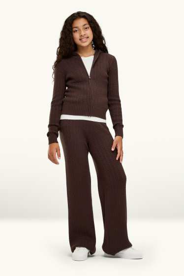 Kinder Mädchen - Set - Strickjacke und Stoffhose - 2 teilig - Zopfmuster - braun