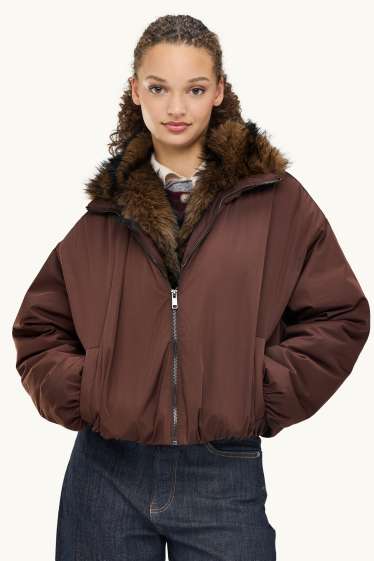 Damen - Jacke mit Kunstfellbesatz - gefüttert - braun