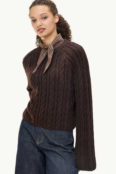 Women - Jumper - cable knit pattern - dark brown