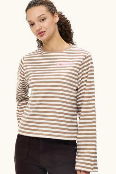 Damen - Langarmshirt - Slim Fit - gestreift - braun / cremeweiss