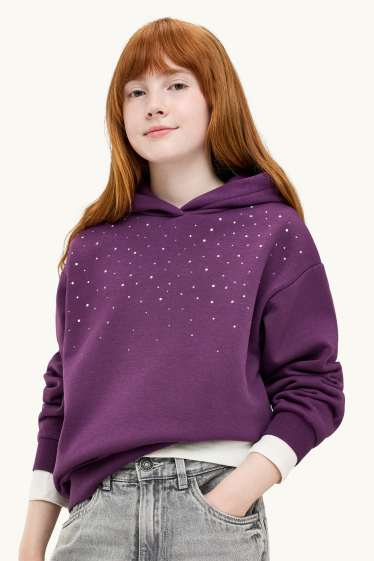 Dzieci dziewczynki - Bluza za kapturem ze strasem - purpurowy