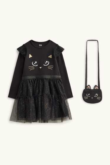 Bambine - Motivo gatto - set - vestito e borsa - effetto brillante - 2 pezzi - nero