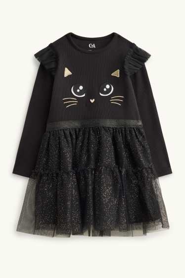 Bambine - Motivo gatto - set - vestito e borsa - effetto brillante - 2 pezzi - nero