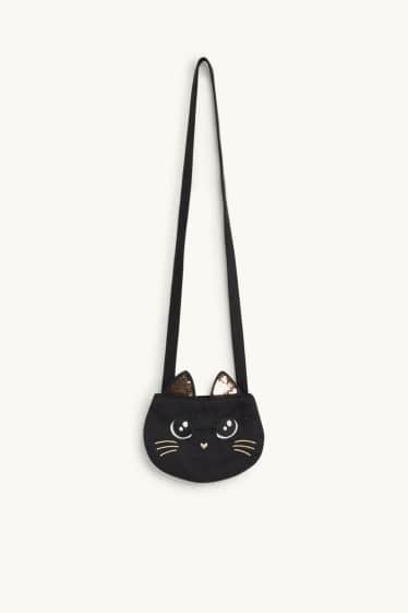 Bambine - Motivo gatto - set - vestito e borsa - effetto brillante - 2 pezzi - nero