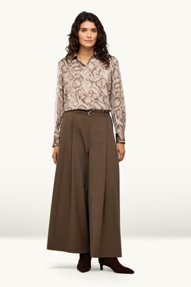 Femmes - Pantalon en toile avec ceinture - high waist - wide leg - marron foncé