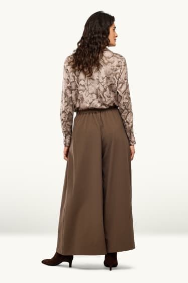 Femmes - Pantalon en toile avec ceinture - high waist - wide leg - marron foncé