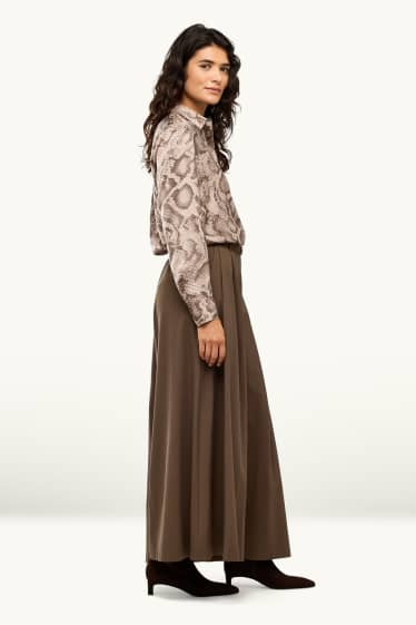 Femmes - Pantalon en toile avec ceinture - high waist - wide leg - marron foncé