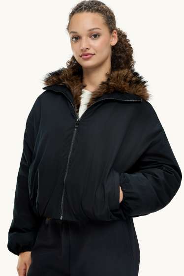Damen - Jacke mit Kunstfellbesatz - gefüttert - schwarz