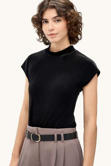 Damen - Samt-T-Shirt - Relaxed Fit - schwarz