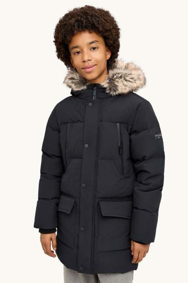 Kinder Buben - Daunen-Steppjacke mit Kunstfellbesatz und Kapuze - gefüttert - schwarz