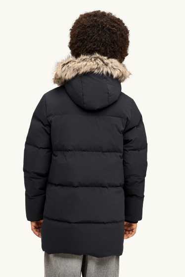 Kinder Buben - Daunen-Steppjacke mit Kunstfellbesatz und Kapuze - gefüttert - schwarz