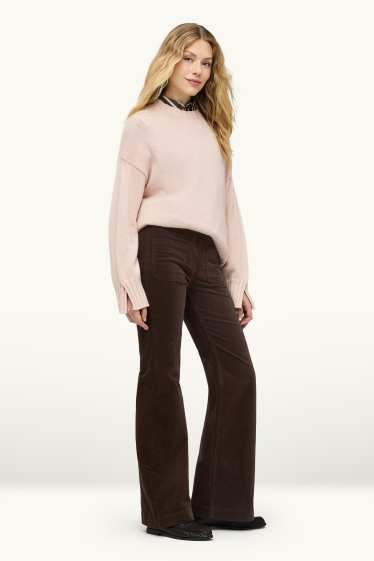 Dames - Corduroy broek - high waist - flared - donkerbruin