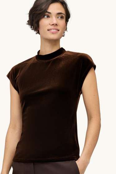 Women - Velvet T-shirt - relaxed fit - dark brown