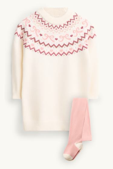 Children Girls - Bow - set - knitted dress and tights - 2 piece - cremewhite