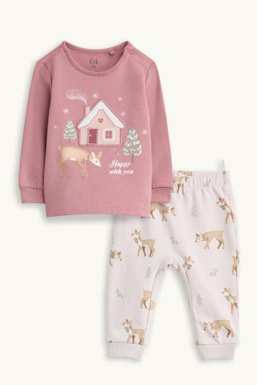 Bebés niñas - Reno y casita - pijama navideño para bebé - forro de peluche - rosa pálido