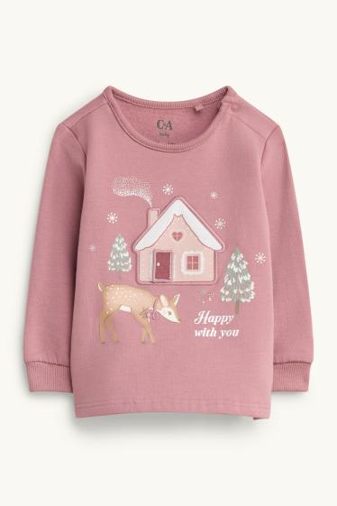 Bebés niñas - Reno y casita - pijama navideño para bebé - forro de peluche - rosa pálido