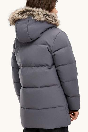 Kinder Buben - Daunen-Steppjacke mit Kunstfellbesatz und Kapuze - gefüttert - dunkelgrau