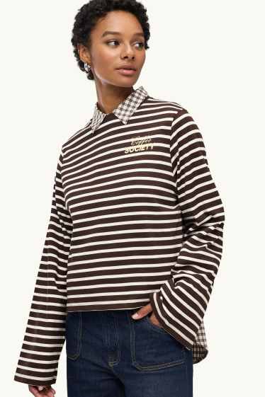 Dames - Longsleeve - slim fit - gestreept - bruin / crème wit
