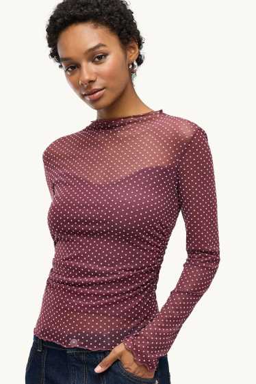 Dames - Longsleeve - mesh - met stippen - bordeaux / wit