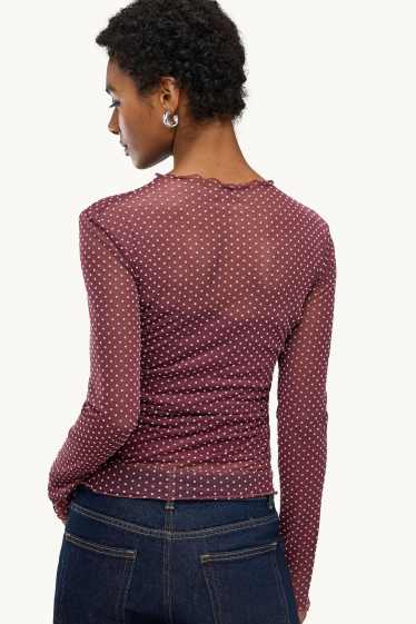 Dames - Longsleeve - mesh - met stippen - bordeaux / wit