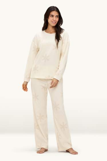 Dames - Fleece pyjama - met patroon - crème wit