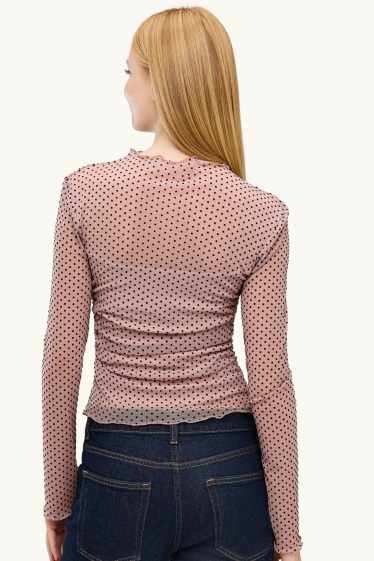 Donna - Maglia a maniche lunghe - tulle - a pois - rosa / rosso scuro