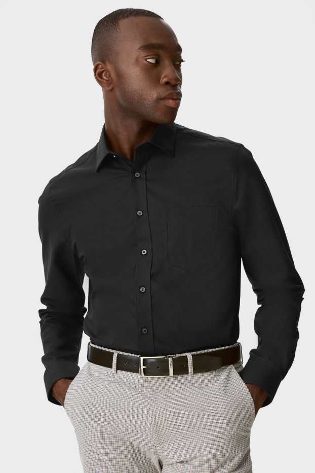 Hommes - Chemise de bureau - slim fit - col kent - noir