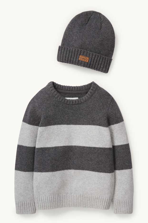 Kinder Jungen - Set - Pullover und Mütze - 2 teilig - grau-melange