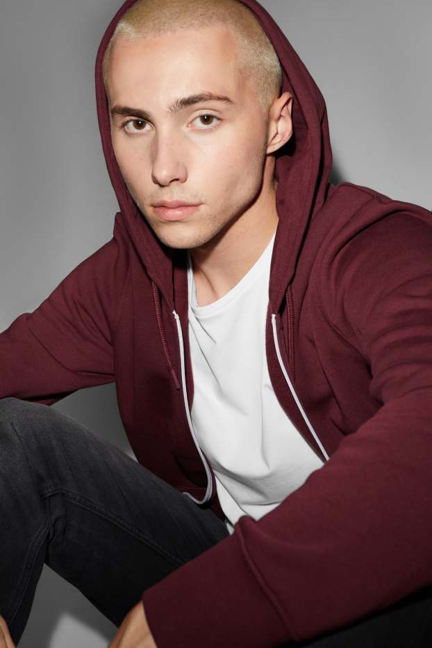 Uomo - Felpa con zip e cappuccio - rosso scuro