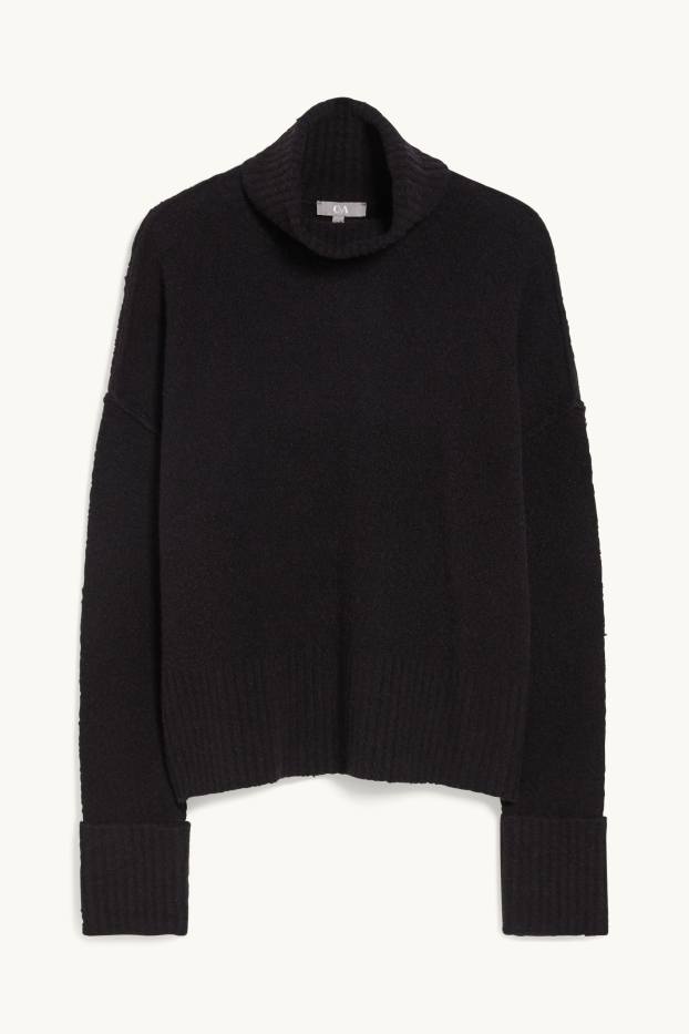 Femmes - Pull en maille bouclée à col roulé - noir