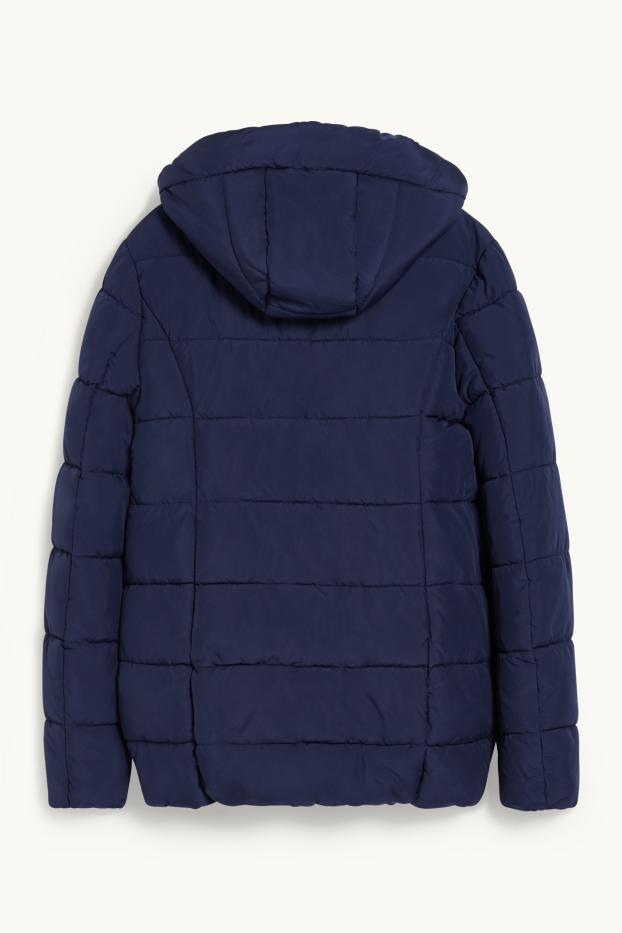 Dámské - Těhotenská prošívaná bunda s kapucí - nosící - tmavomodrá