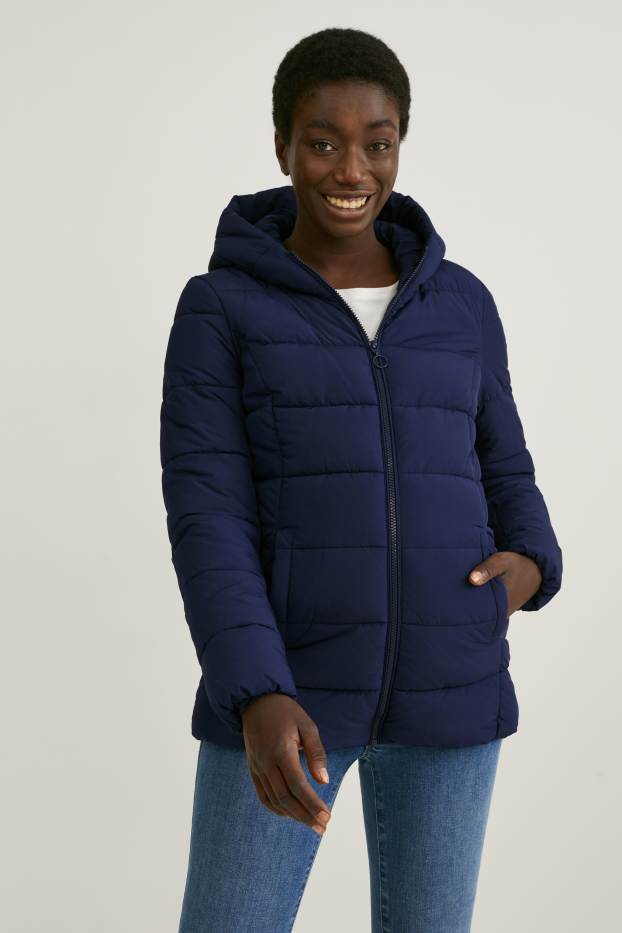 Dámské - Těhotenská prošívaná bunda s kapucí - nosící - tmavomodrá