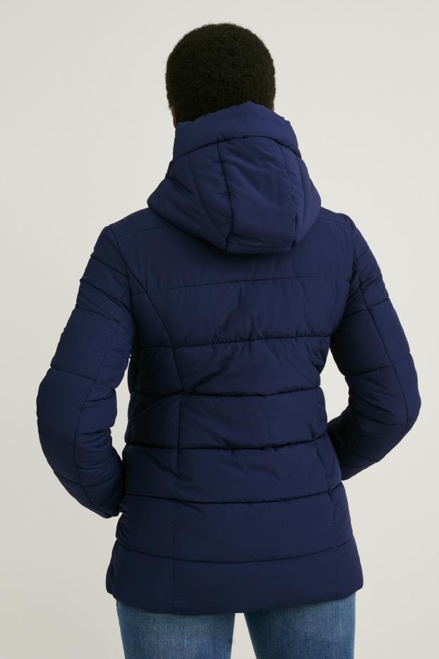 Dámské - Těhotenská prošívaná bunda s kapucí - nosící - tmavomodrá