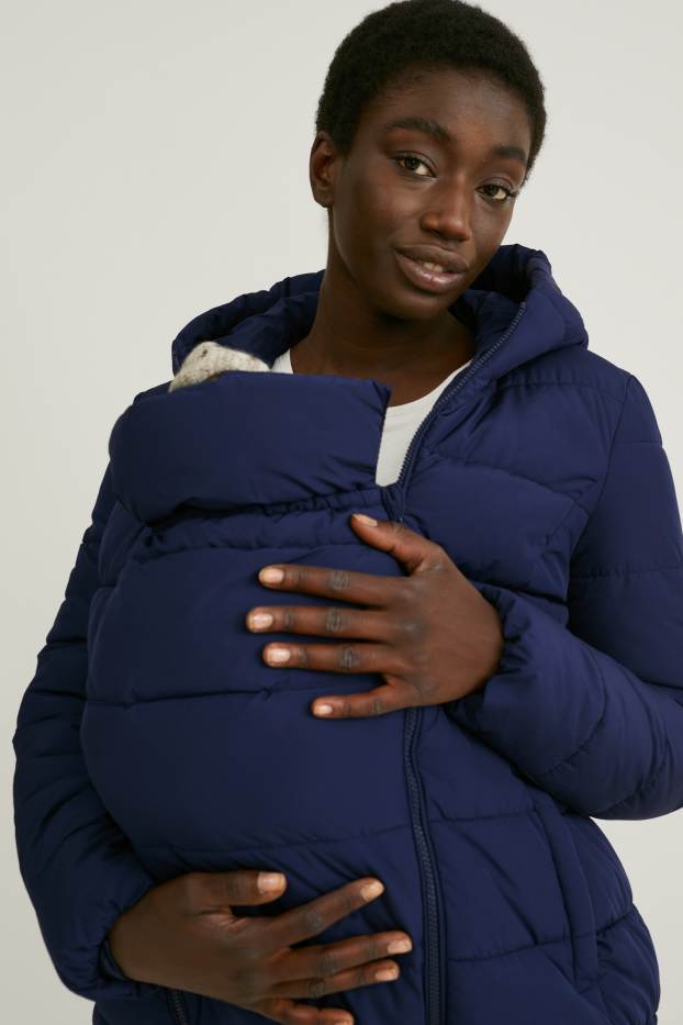 Dámské - Těhotenská prošívaná bunda s kapucí - nosící - tmavomodrá