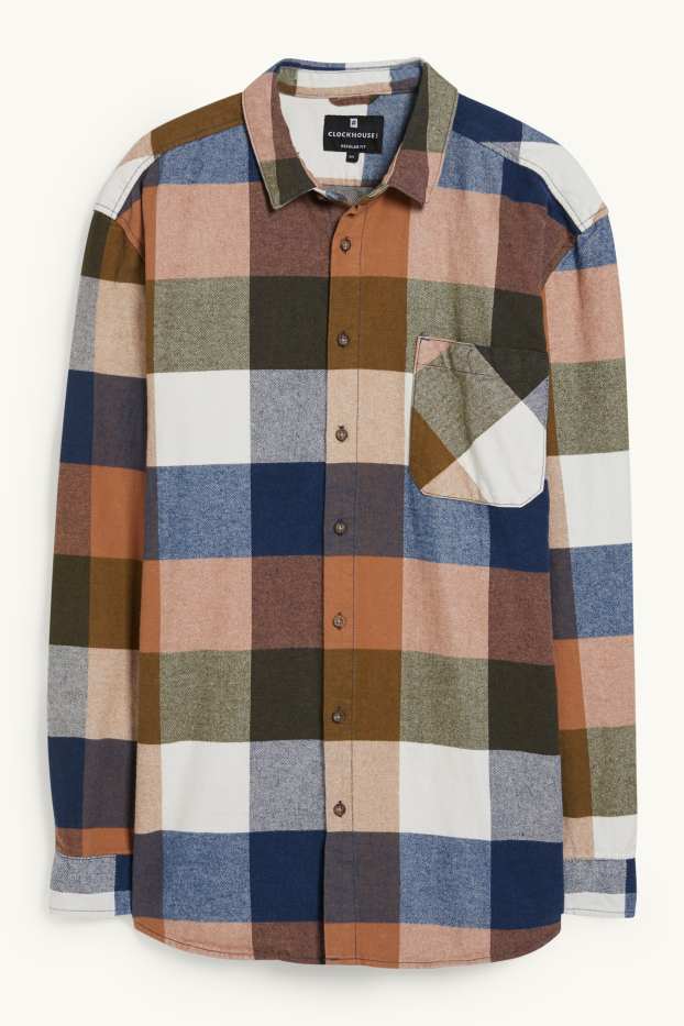 Mężczyźni - CLOCKHOUSE - koszula flanelowa - regular fit - kołnierzyk kent - w kratę - beżowy / brązowy