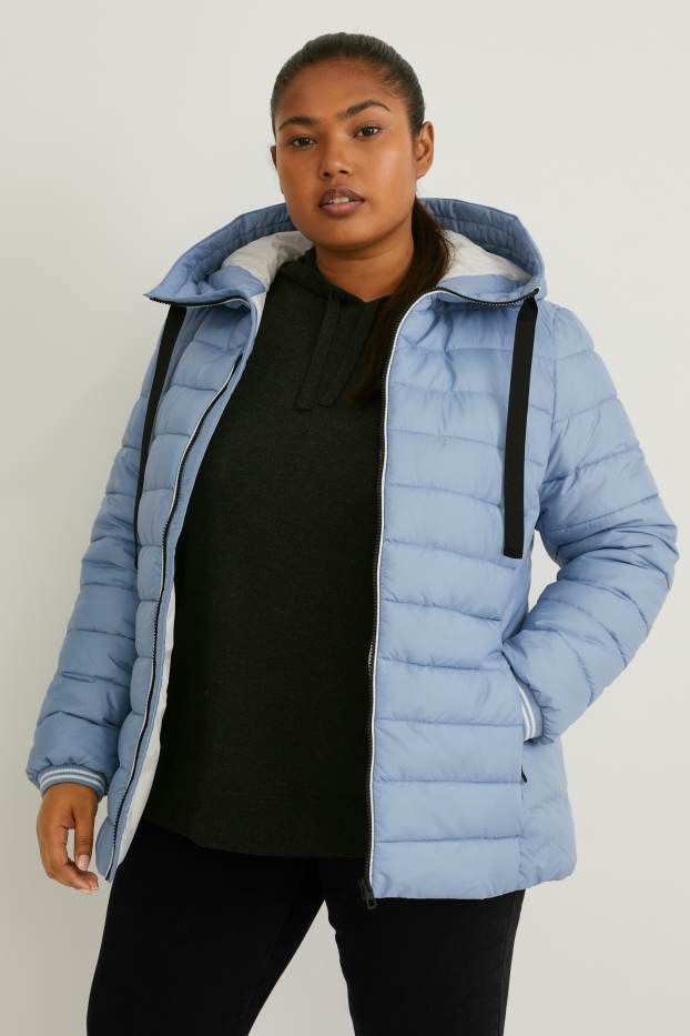 Women - Quilted jacket with hood - light blue