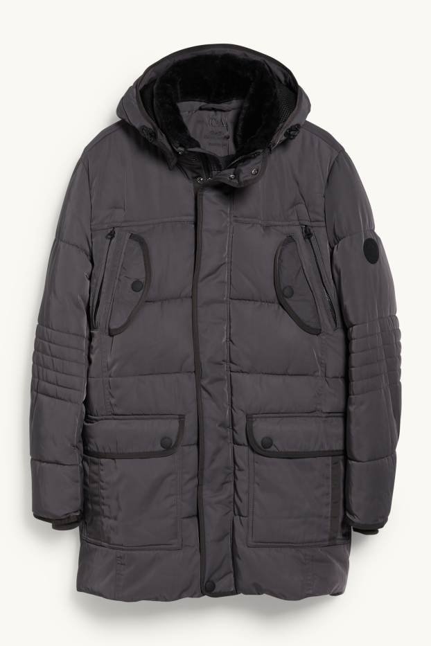 Men - Parka with hood and faux fur trim - winter - dark gray